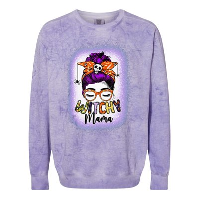 Witchy Mama Halloween Messy Bun Skull Witch Mom  Spooky Colorblast Crewneck Sweatshirt