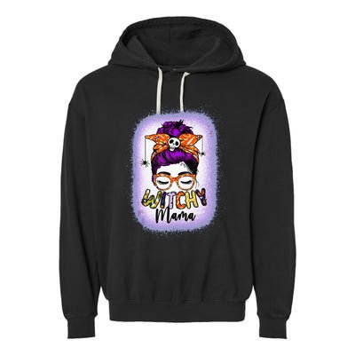 Witchy Mama Halloween Messy Bun Skull Witch Mom  Spooky Garment-Dyed Fleece Hoodie