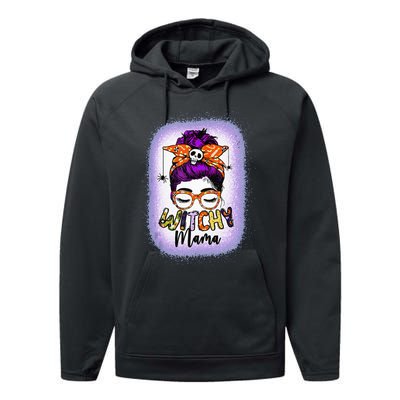 Witchy Mama Halloween Messy Bun Skull Witch Mom  Spooky Performance Fleece Hoodie