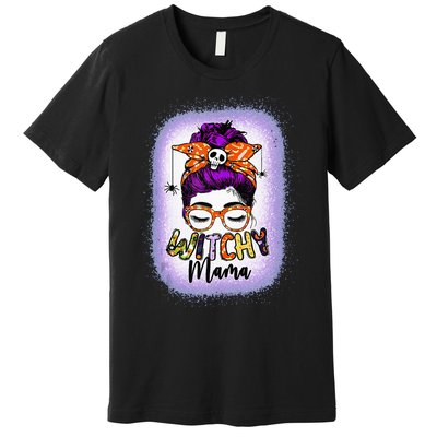 Witchy Mama Halloween Messy Bun Skull Witch Mom  Spooky Premium T-Shirt