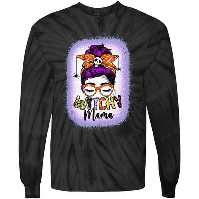 Witchy Mama Halloween Messy Bun Skull Witch Mom  Spooky Tie-Dye Long Sleeve Shirt