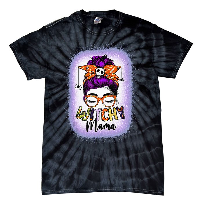 Witchy Mama Halloween Messy Bun Skull Witch Mom  Spooky Tie-Dye T-Shirt