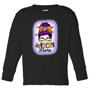 Witchy Mama Halloween Messy Bun Skull Witch Mom  Spooky Toddler Long Sleeve Shirt