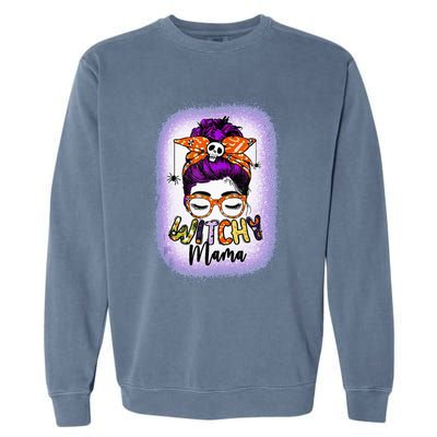 Witchy Mama Halloween Messy Bun Skull Witch Mom  Spooky Garment-Dyed Sweatshirt