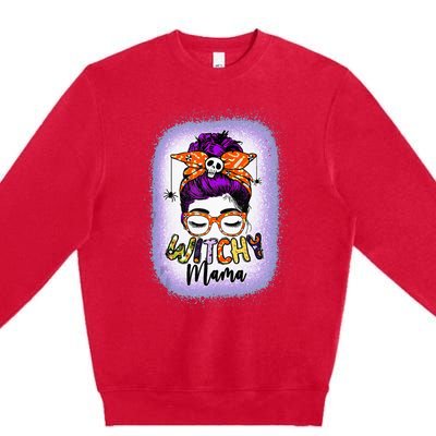 Witchy Mama Halloween Messy Bun Skull Witch Mom  Spooky Premium Crewneck Sweatshirt