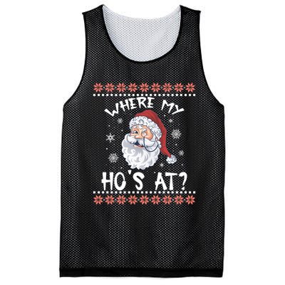 Where My Hos At Funny Santa Christmas Pajamas Ugly Christmas Sweater Mesh Reversible Basketball Jersey Tank