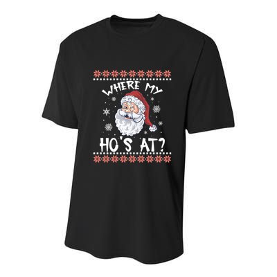 Where My Hos At Funny Santa Christmas Pajamas Ugly Christmas Sweater Youth Performance Sprint T-Shirt