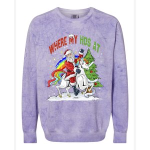 Where My HoS At Santa Claus Riding Unicorn Happy Christmas Gift Colorblast Crewneck Sweatshirt