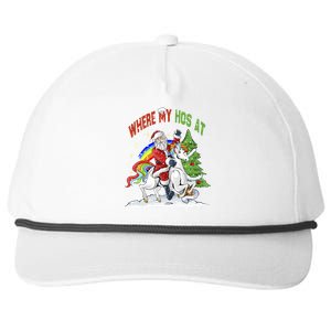 Where My HoS At Santa Claus Riding Unicorn Happy Christmas Gift Snapback Five-Panel Rope Hat