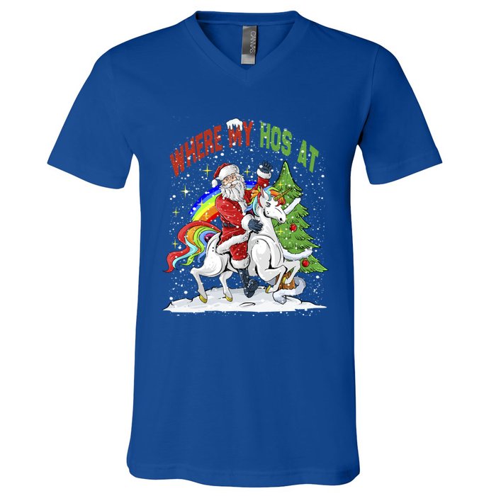 Where My HoS At Santa Claus Riding Unicorn Happy Christmas Gift V-Neck T-Shirt