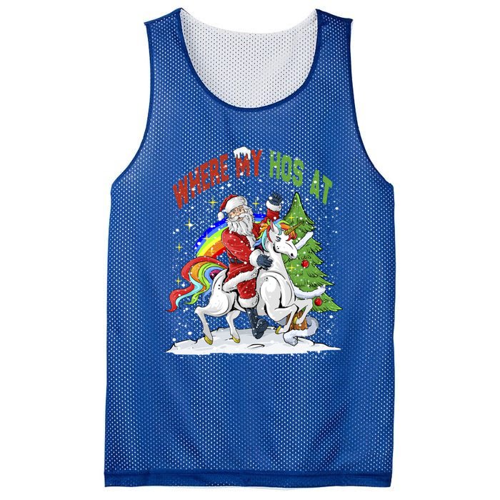 Where My HoS At Santa Claus Riding Unicorn Happy Christmas Gift Mesh Reversible Basketball Jersey Tank