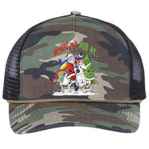 Where My HoS At Santa Claus Riding Unicorn Happy Christmas Gift Retro Rope Trucker Hat Cap