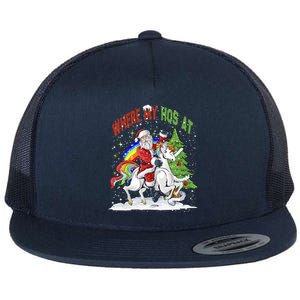 Where My HoS At Santa Claus Riding Unicorn Happy Christmas Gift Flat Bill Trucker Hat