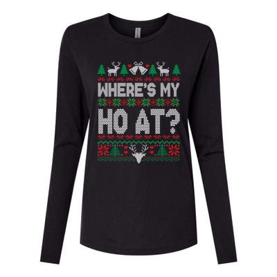 Where My HoS At Ho Matching Couple Christmas Ugly Cute Gift Womens Cotton Relaxed Long Sleeve T-Shirt