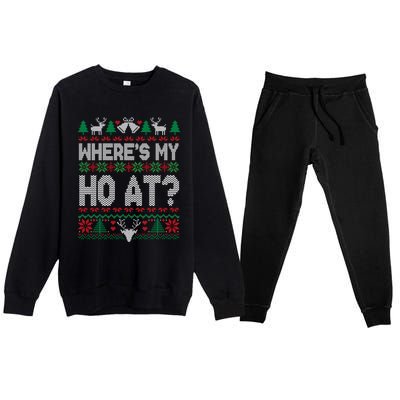 Where My HoS At Ho Matching Couple Christmas Ugly Cute Gift Premium Crewneck Sweatsuit Set