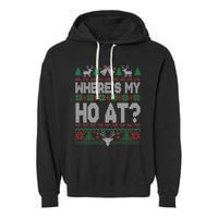 Where My Ho's At Ho Matching Couple Christmas Ugly Sweater  Garment-Dyed Fleece Hoodie