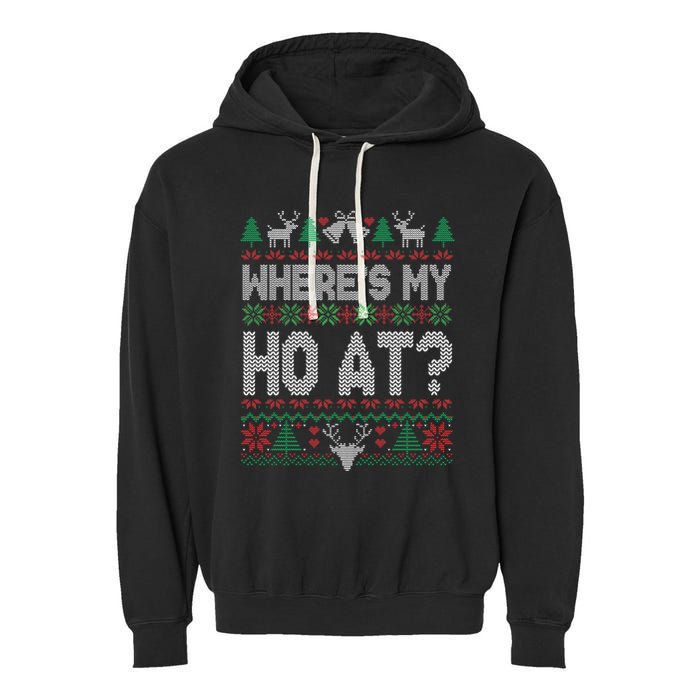 Where My Ho's At Ho Matching Couple Christmas Ugly Sweater  Garment-Dyed Fleece Hoodie
