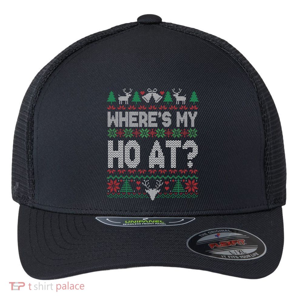 Where My Ho's At Ho Matching Couple Christmas Ugly Sweater  Flexfit Unipanel Trucker Cap