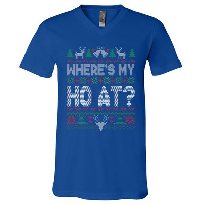 Where My Ho's At Ho Matching Couple Christmas Ugly Sweater  V-Neck T-Shirt