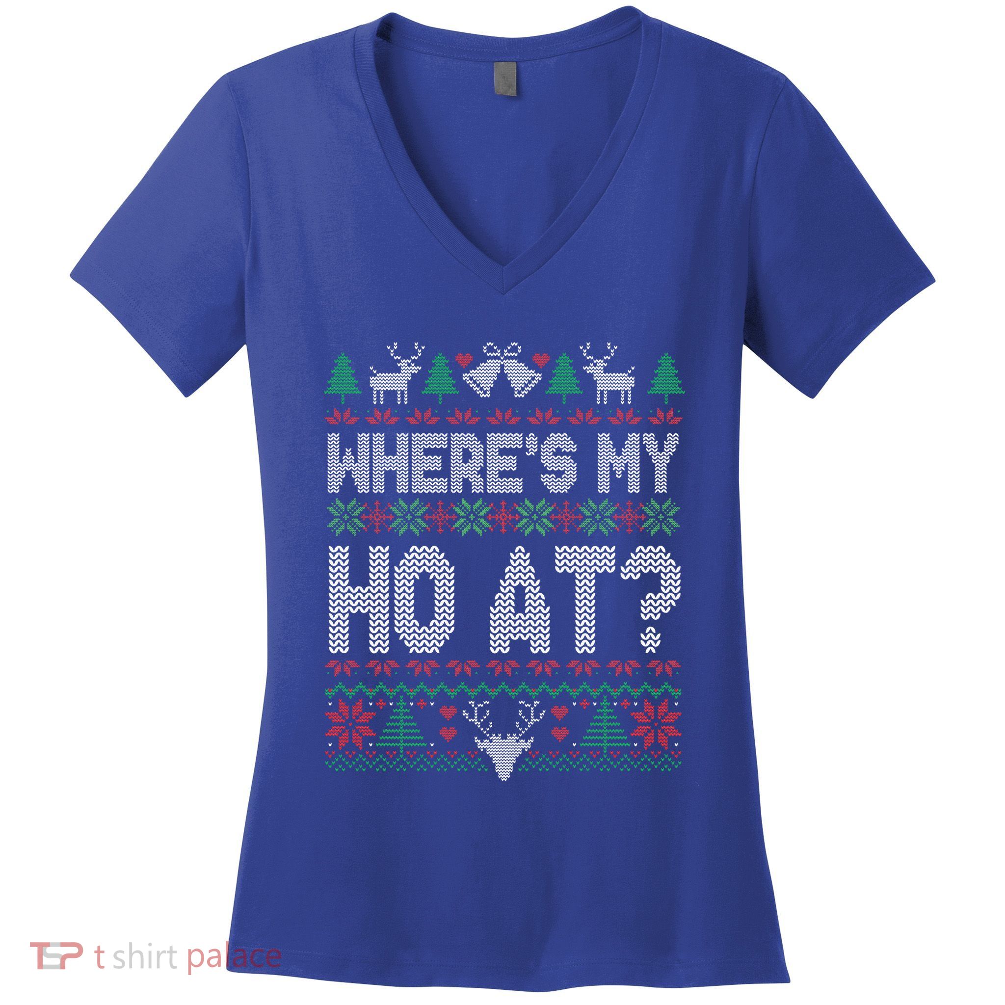 Where My Ho's At Ho Matching Couple Christmas Ugly Sweater  Women's V-Neck T-Shirt