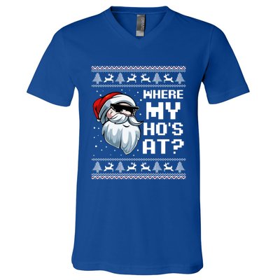 Where My Ho's At Ho Matching Couple Santa Ugly Christmas Great Gift V-Neck T-Shirt