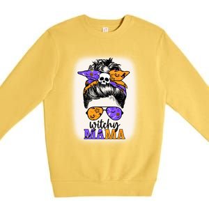 Witchy Mama Halloween Skull Witch Mom Messy Bun Spooky Gift Premium Crewneck Sweatshirt