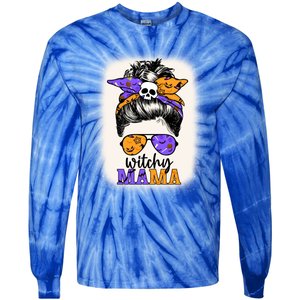 Witchy Mama Halloween Skull Witch Mom Messy Bun Spooky Gift Tie-Dye Long Sleeve Shirt