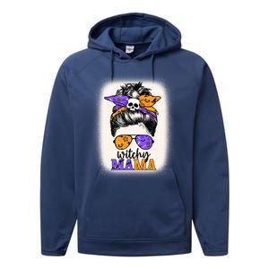 Witchy Mama Halloween Skull Witch Mom Messy Bun Spooky Gift Performance Fleece Hoodie