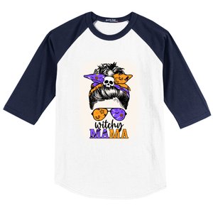 Witchy Mama Halloween Skull Witch Mom Messy Bun Spooky Gift Baseball Sleeve Shirt