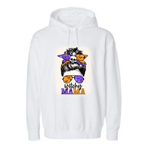 Witchy Mama Halloween Skull Witch Mom Messy Bun Spooky Gift Garment-Dyed Fleece Hoodie