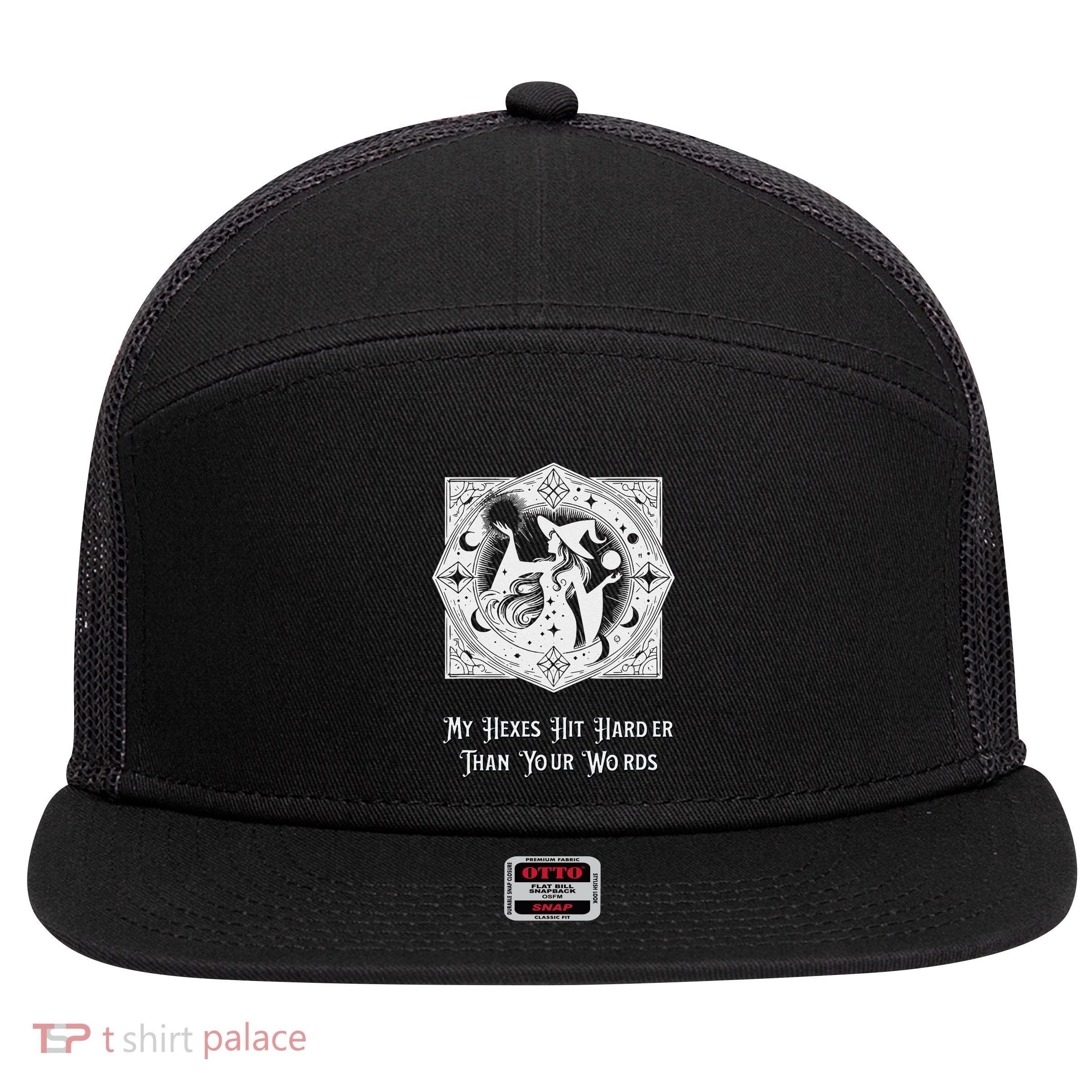 Witch My Hexes Hit Harder Than Your Words Magic Wicked Vamp 7 Panel Mesh Trucker Snapback Hat