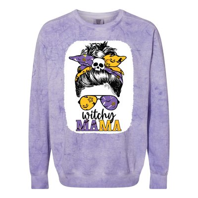 Witchy Mama Halloween Skull Witch Mom Messy Bun Spooky Colorblast Crewneck Sweatshirt