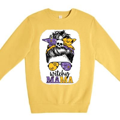 Witchy Mama Halloween Skull Witch Mom Messy Bun Spooky Premium Crewneck Sweatshirt