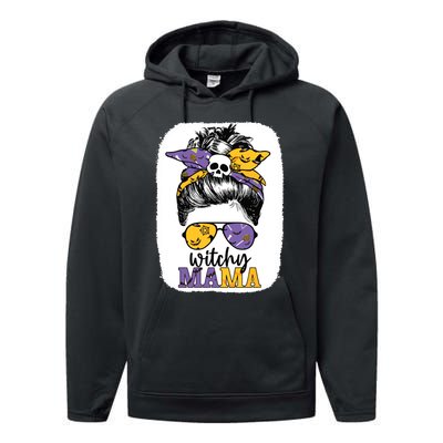 Witchy Mama Halloween Skull Witch Mom Messy Bun Spooky Performance Fleece Hoodie