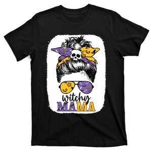 Witchy Mama Halloween Skull Witch Mom Messy Bun Spooky T-Shirt