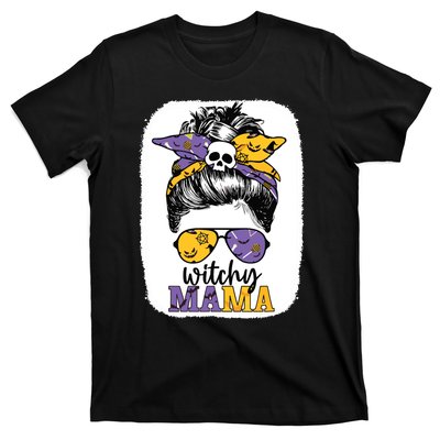 Witchy Mama Halloween Skull Witch Mom Messy Bun Spooky T-Shirt