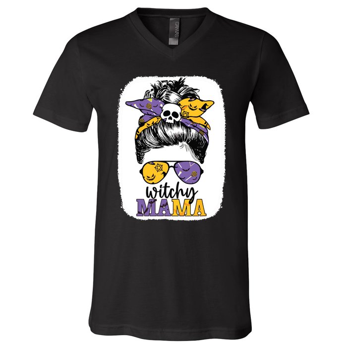 Witchy Mama Halloween Skull Witch Mom Messy Bun Spooky V-Neck T-Shirt