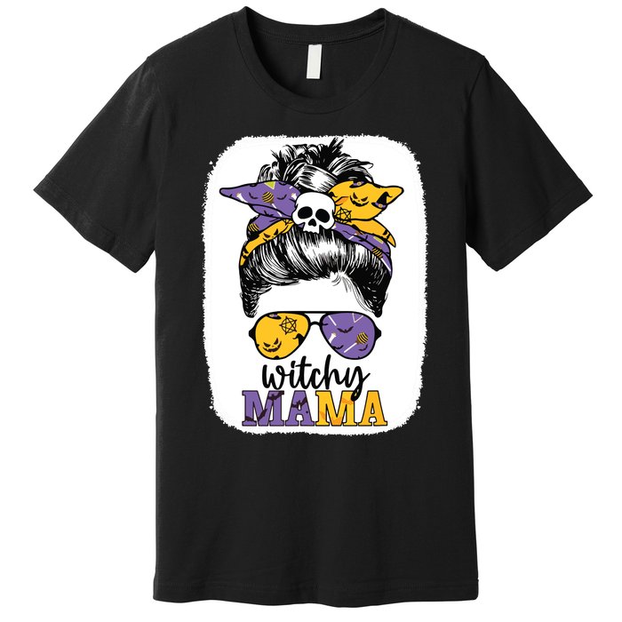 Witchy Mama Halloween Skull Witch Mom Messy Bun Spooky Premium T-Shirt