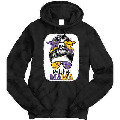 Witchy Mama Halloween Skull Witch Mom Messy Bun Spooky Tie Dye Hoodie