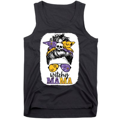 Witchy Mama Halloween Skull Witch Mom Messy Bun Spooky Tank Top