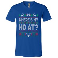 Where My HoS At Ho Matching Couple Christmas Ugly Funny Gift V-Neck T-Shirt