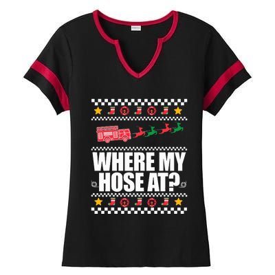 WHERE MY HOSE AT Funny Fireman Ugly Christmas Sweater Meme Ladies Halftime Notch Neck Tee