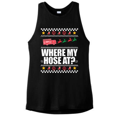 WHERE MY HOSE AT Funny Fireman Ugly Christmas Sweater Meme Ladies PosiCharge Tri-Blend Wicking Tank