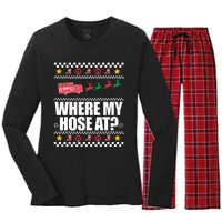 WHERE MY HOSE AT Funny Fireman Ugly Christmas Sweater Meme Women's Long Sleeve Flannel Pajama Set 