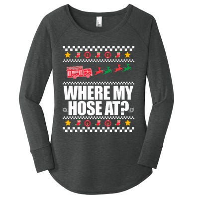 WHERE MY HOSE AT Funny Fireman Ugly Christmas Sweater Meme Women's Perfect Tri Tunic Long Sleeve Shirt