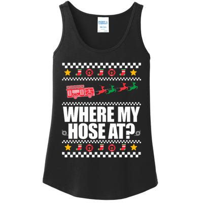 WHERE MY HOSE AT Funny Fireman Ugly Christmas Sweater Meme Ladies Essential Tank