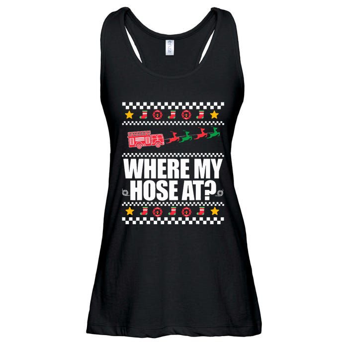 WHERE MY HOSE AT Funny Fireman Ugly Christmas Sweater Meme Ladies Essential Flowy Tank