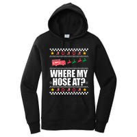 WHERE MY HOSE AT Funny Fireman Ugly Christmas Sweater Meme Women's Pullover Hoodie