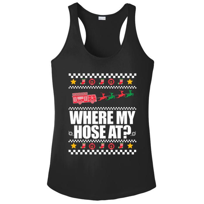 WHERE MY HOSE AT Funny Fireman Ugly Christmas Sweater Meme Ladies PosiCharge Competitor Racerback Tank