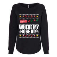 WHERE MY HOSE AT Funny Fireman Ugly Christmas Sweater Meme Womens California Wash Sweatshirt